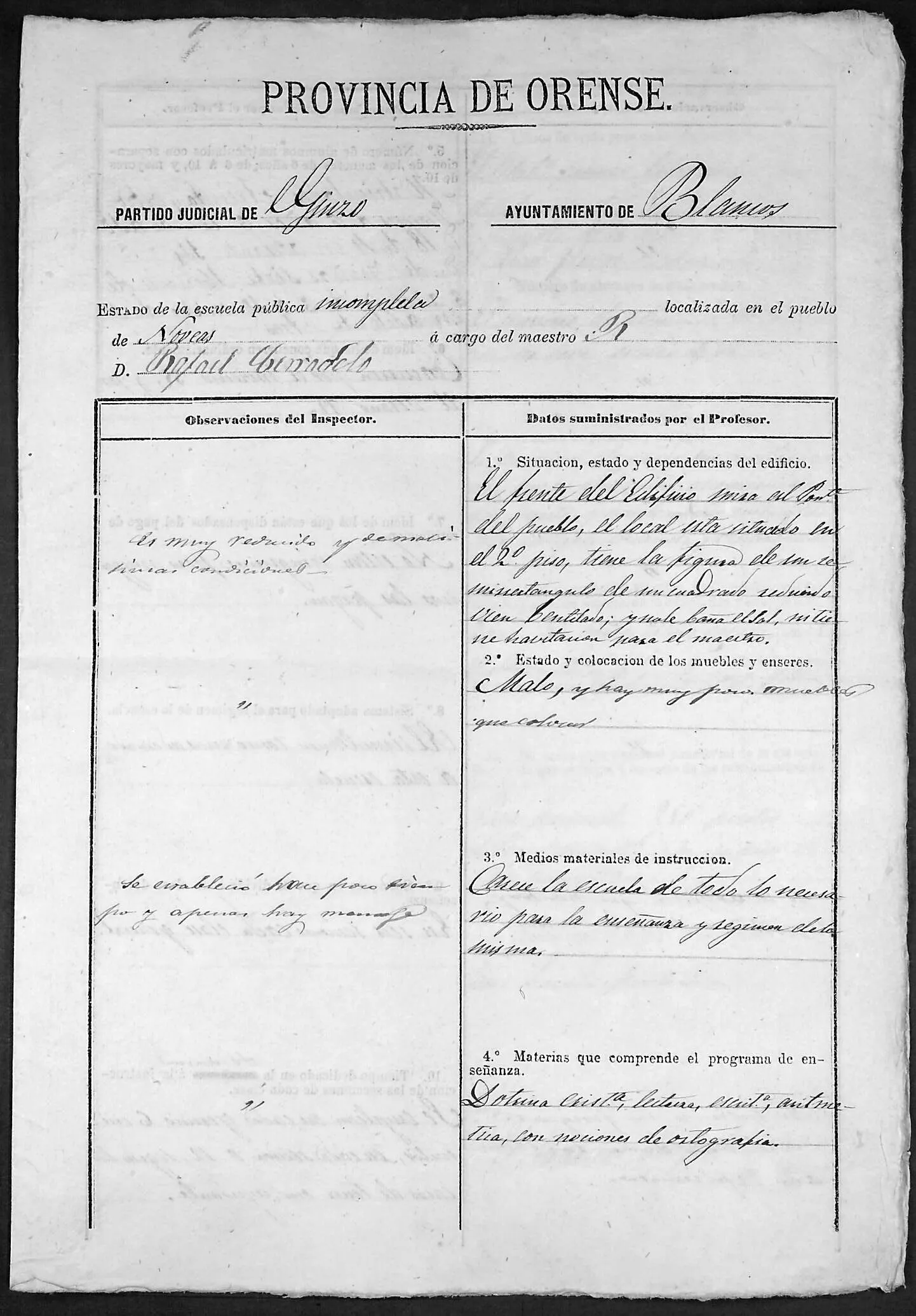 Impreso da Provincia de Orense de 1878 sobre a escola de Nóveas, cuberto a man